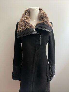 POLO GARAGE Wool Blend Coat Black Asymmetrical Zip High Collar Faux Fur Trim